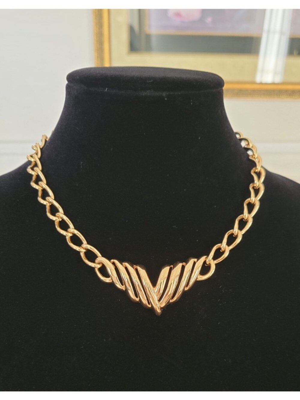 Vintage 1980s Napier Gold Tone Twisted Chevron Necklace & Clip Earrings Set
